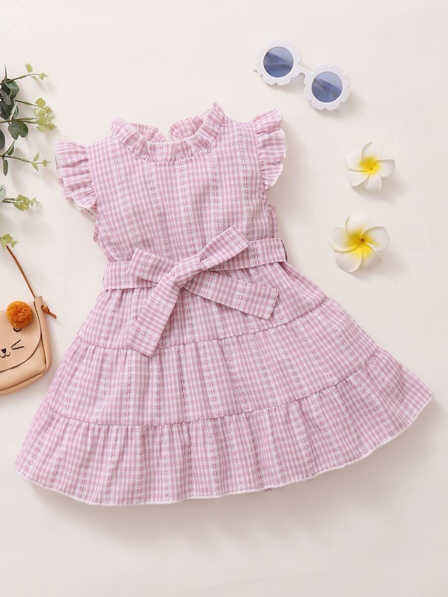 女嬰格紋圖案腰帶娃娃洋裝