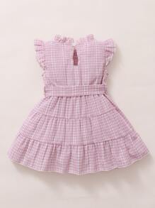 女嬰格紋圖案腰帶娃娃洋裝