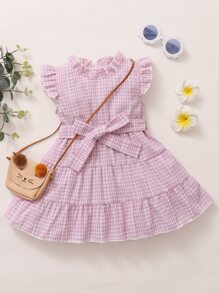 女嬰格紋圖案腰帶娃娃洋裝