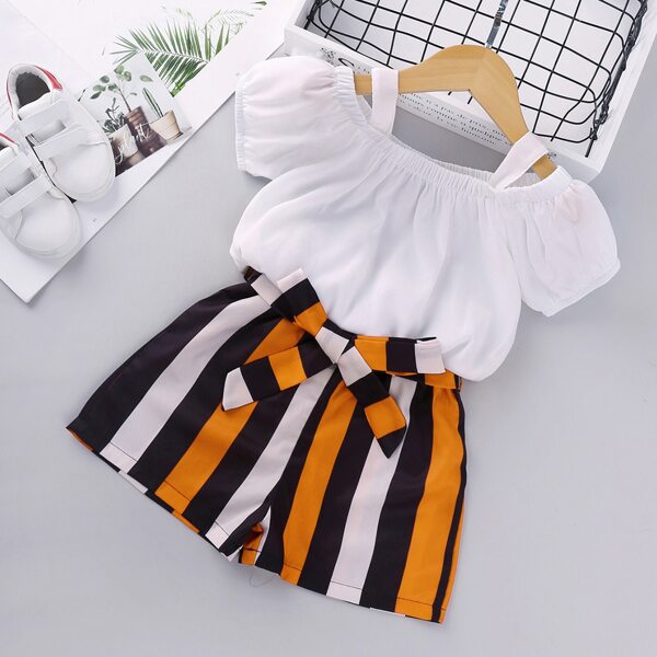 

Toddler Girls Cold Shoulder Blouse With Striped Belted Shorts, Multicolor