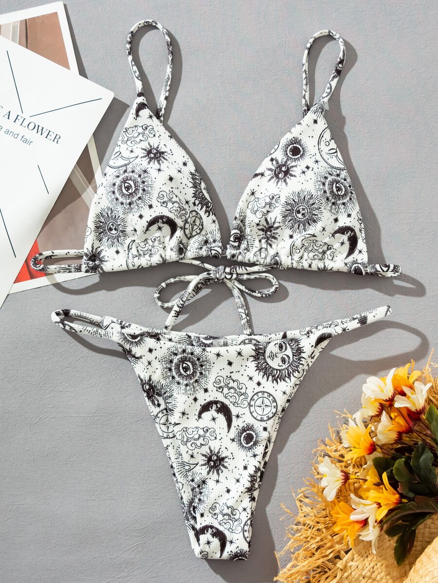 Sun & Moon Print Triangle Thong Bikini Set