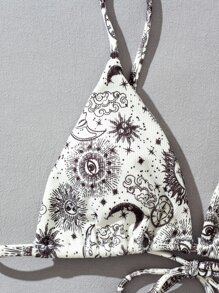 Sun & Moon Print Triangle Thong Bikini Set