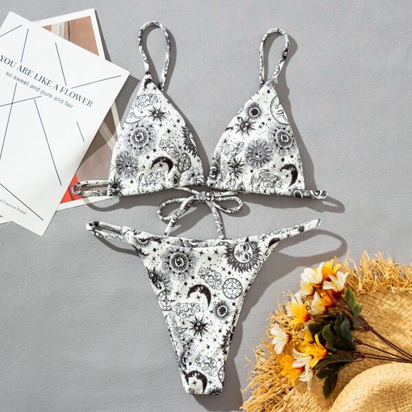 

Sun & Moon Print Triangle Thong Bikini Swimsuit, Black and white