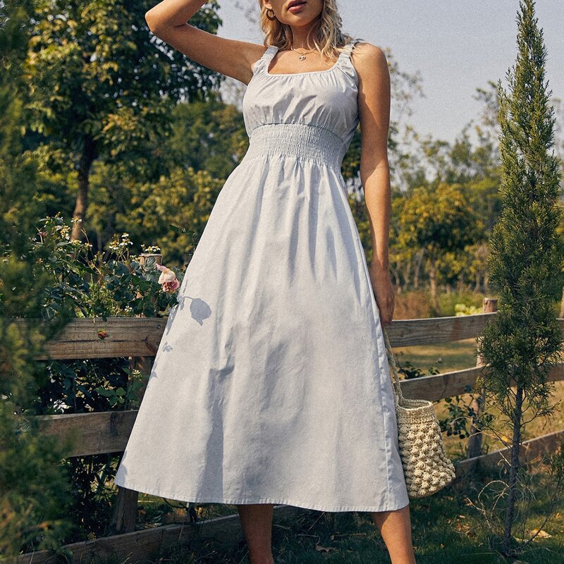 

Shirred Waist Solid A-line Dress, Blue