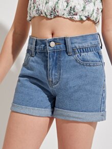 SHEIN 女孩捲邊下擺牛仔短褲 - 中等水洗藍 - 查看 1