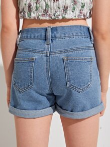 SHEIN 女孩捲邊下擺牛仔短褲 - 中等水洗藍 - 查看 2