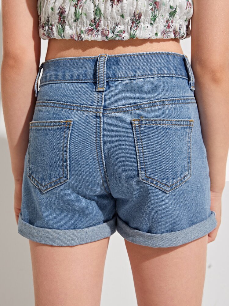 SHEIN Girls Rolled Hem Denim Shorts - Medium Wash - View 2