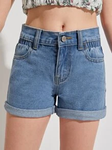 SHEIN 女孩捲邊下擺牛仔短褲 - 中等水洗藍 - 查看 4