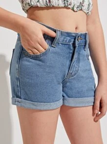 SHEIN 女孩捲邊下擺牛仔短褲 - 中等水洗藍 - 查看 5
