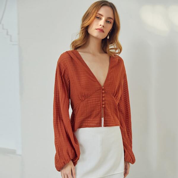 

Lantern Sleeve Buttoned Front Peplum Blouse, Burnt orange