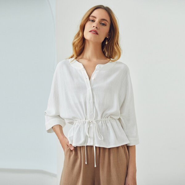 

Buttoned Front Drawstring Waist Blouse, White