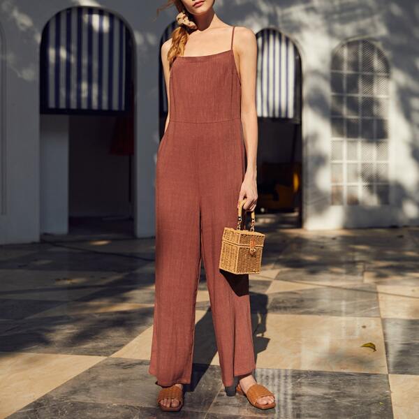 

Slant Pocket Wide Leg Cami Jumpsuit, Rust brown
