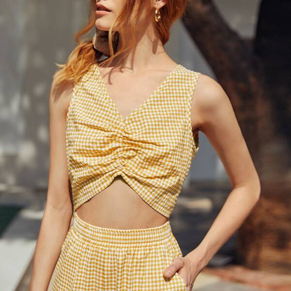 

Ruched Front Gingham Tank Top, Yellow