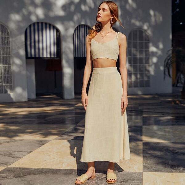 

Solid Tie Back Cami Top & Skirt Set, Khaki