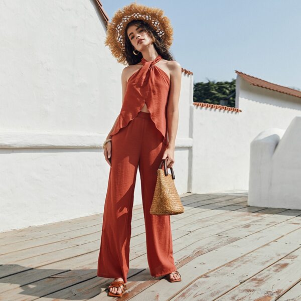 

Tie Backless Wrap Halter Top & Pants Set, Rusty rose