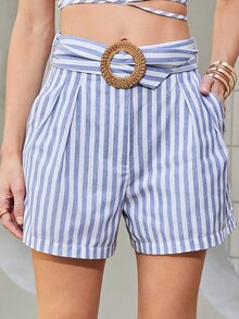 SHEIN Buckle Belted Striped Shorts - Blue and White - View 2