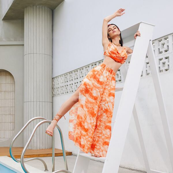 

Cowl Neck Tie Dye Cami Top & Split Thigh Skirt Set, Orange