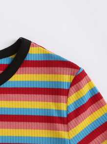 SHEIN EZwear 大碼羅紋針織彩虹條紋上衣 - 彩色 - 查看 4