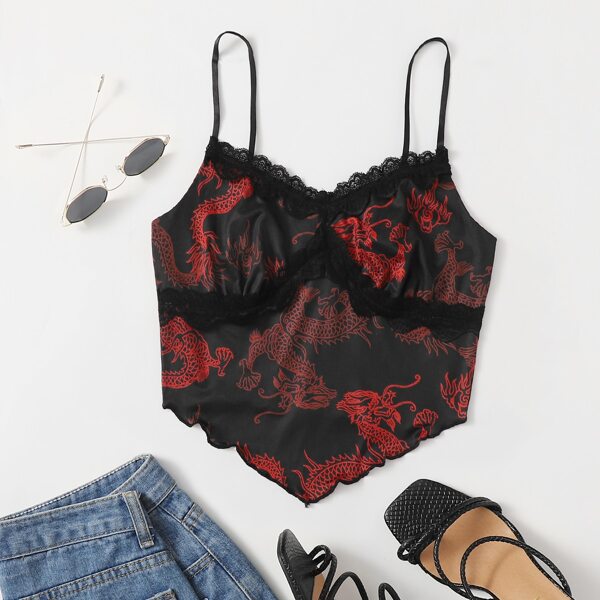 

Plus Chinese Dragon Print Contrast Lace Cami Top, Multicolor