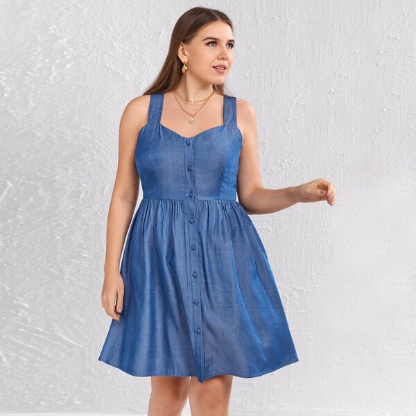 

Plus Button Through Denim Cami Dress, Medium wash