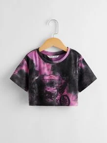 SHEIN 女孩字母和摩托車圖案紮染T恤 - 彩色 - 查看 1
