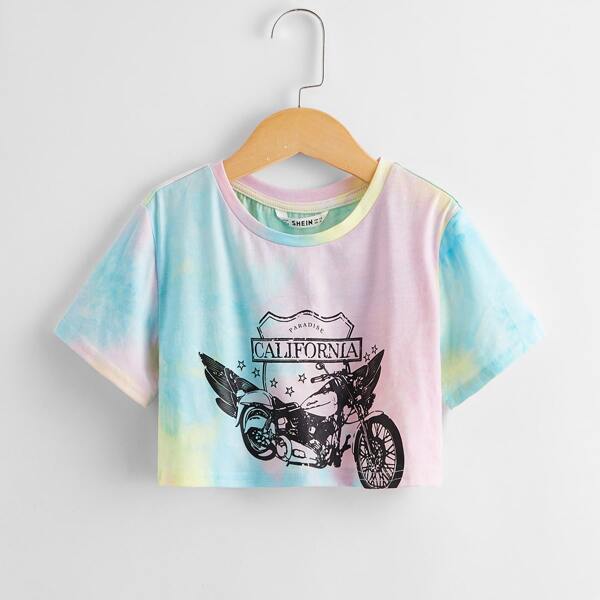

Girls Letter & Motorcycle Print Tie Dye Tee, Multicolor