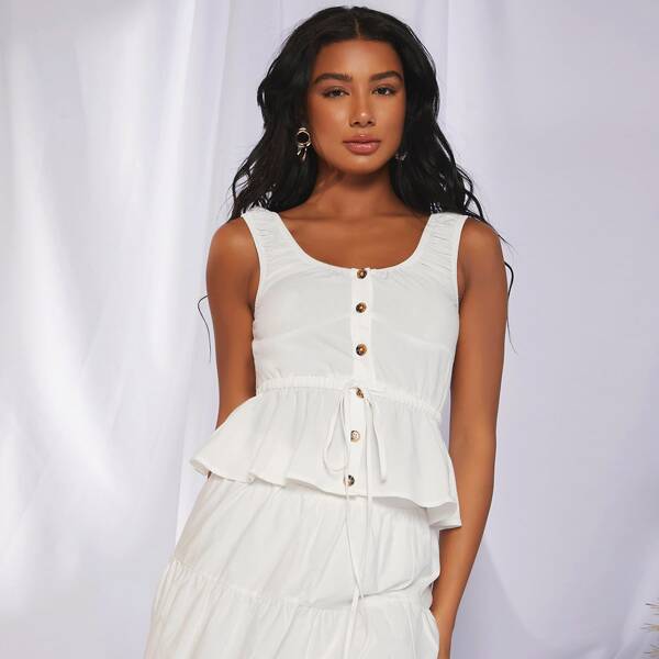 

Single Breasted Ruffle Hem Tank Top, White