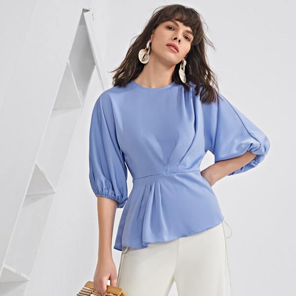 

Lantern Sleeve Solid Peplum Top, Blue
