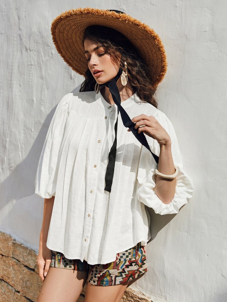 SHEIN Blusas Tablas Liso Casual - Blanco - Añade 1