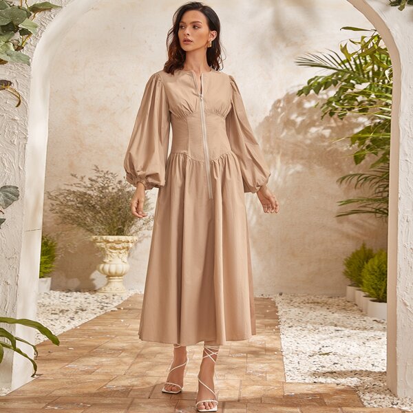 

Zip Front Lantern Sleeve Solid Dress, Khaki