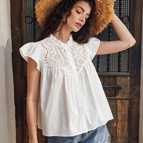 

Frill Neck Eyelet Embroidered Butterfly Sleeve Blouse, White