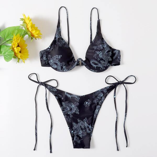 

Chinese Dragon Underwire Tie Side Bikini Swimsuit, Black