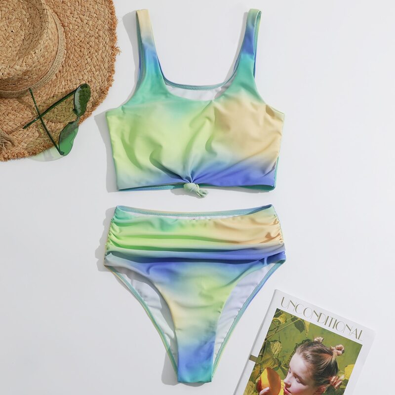 

Tie Dye Knot Hem Ruched Bikini Swimsuit, Multicolor