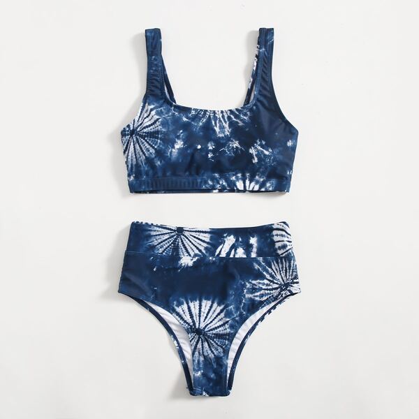 

Tie Dye High Waisted Bikini Swimsuit, Blue and white