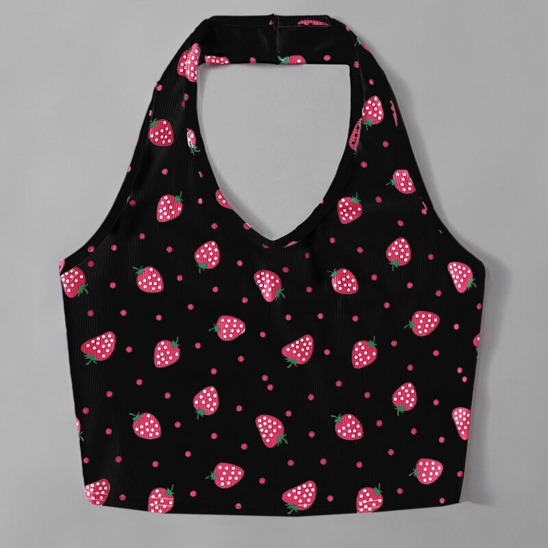 

Strawberry Print Halter Crop Top, Black