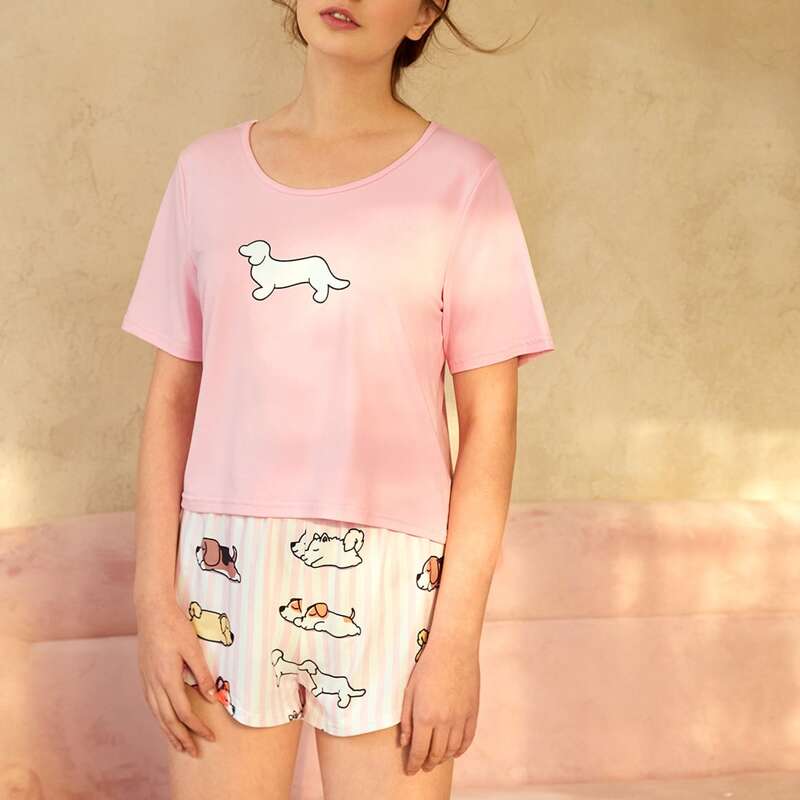 

Cartoon And Striped Print Pajama Set, Multicolor