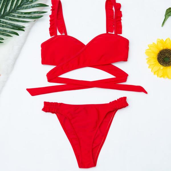 

Crisscross Wrap Frill Trim Bikini Swimsuit, Red