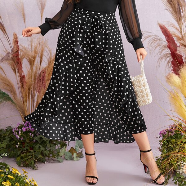 

Plus Polka Dot Pants With Ruffle Hem Belted Skirt Overlay, Black