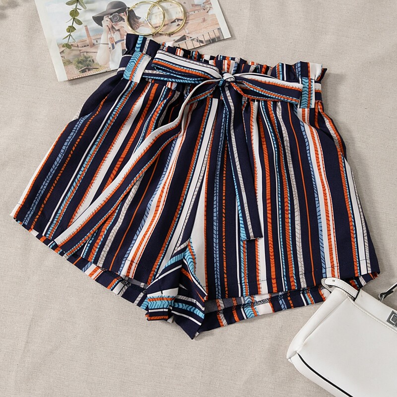 

Striped Paperbag Waist Belted Shorts, Multicolor