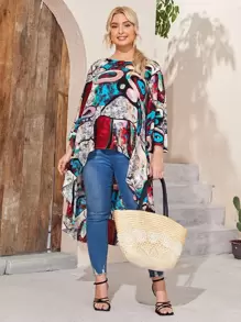 Mulvari 大碼喇叭袖高低下擺圖案印花上衣 - 彩色 - 查看 1