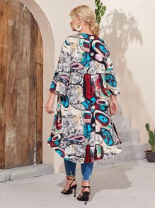 Mulvari 大碼喇叭袖高低下擺圖案印花上衣 - 彩色 - 查看 2