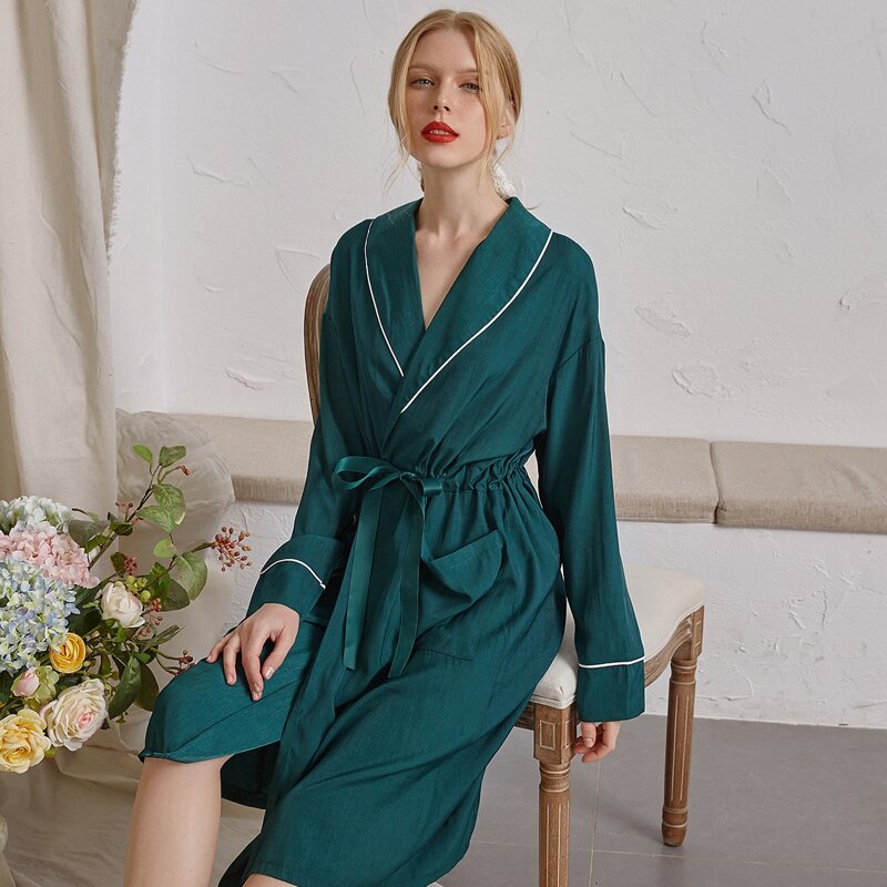 

Drawstring Waist Dual Pocket Sleep Robe, Teal blue