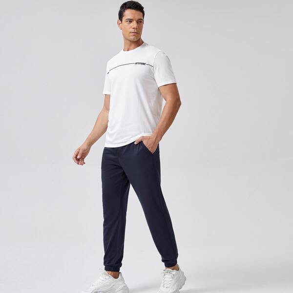 

Men Letter Graphic Tee & Pocket Side Joggers Set, Blue and white