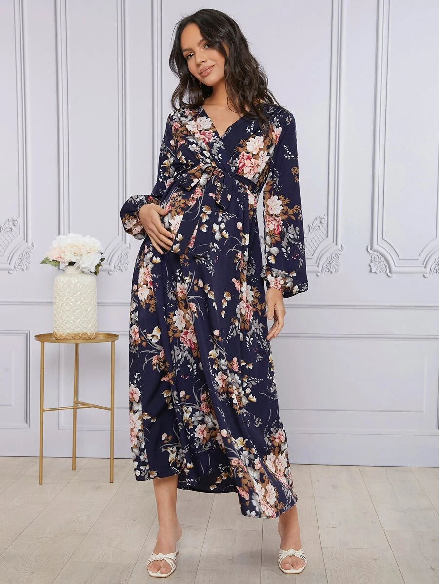 SHEIN 孕婦裝燈籠袖自腰帶花卉洋裝