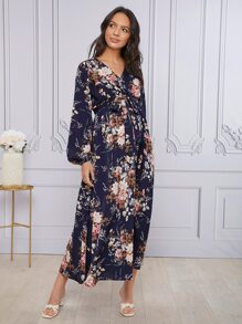 SHEIN 孕婦裝燈籠袖自腰帶花卉洋裝
