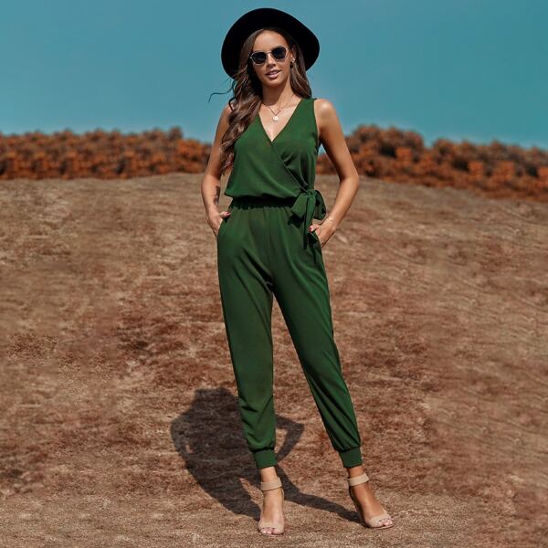 

Tie Side Wrap Tank Jumpsuit, Dark green