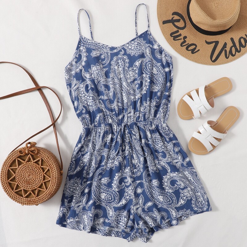 

Paisley Print Knot Waist Slip Romper, Blue and white