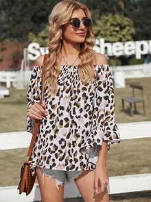Off-shoulder Dalmatian Print Shirred Blouse - Multicolor - View 1