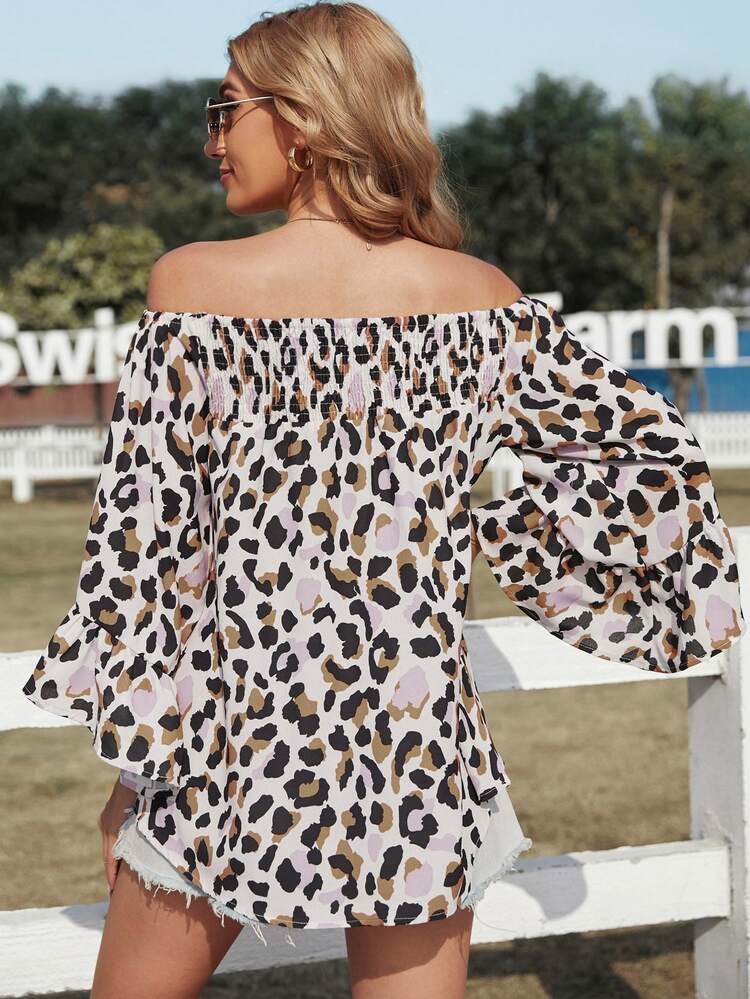 Off-shoulder Dalmatian Print Shirred Blouse - Multicolor - View 2