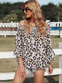 Off-shoulder Dalmatian Print Shirred Blouse - Multicolor - View 5
